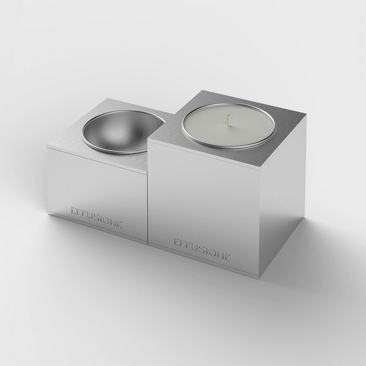 Aura Double, set di due candele piccole profumate Effusione in alluminio magnetiche di design, coppa vuota