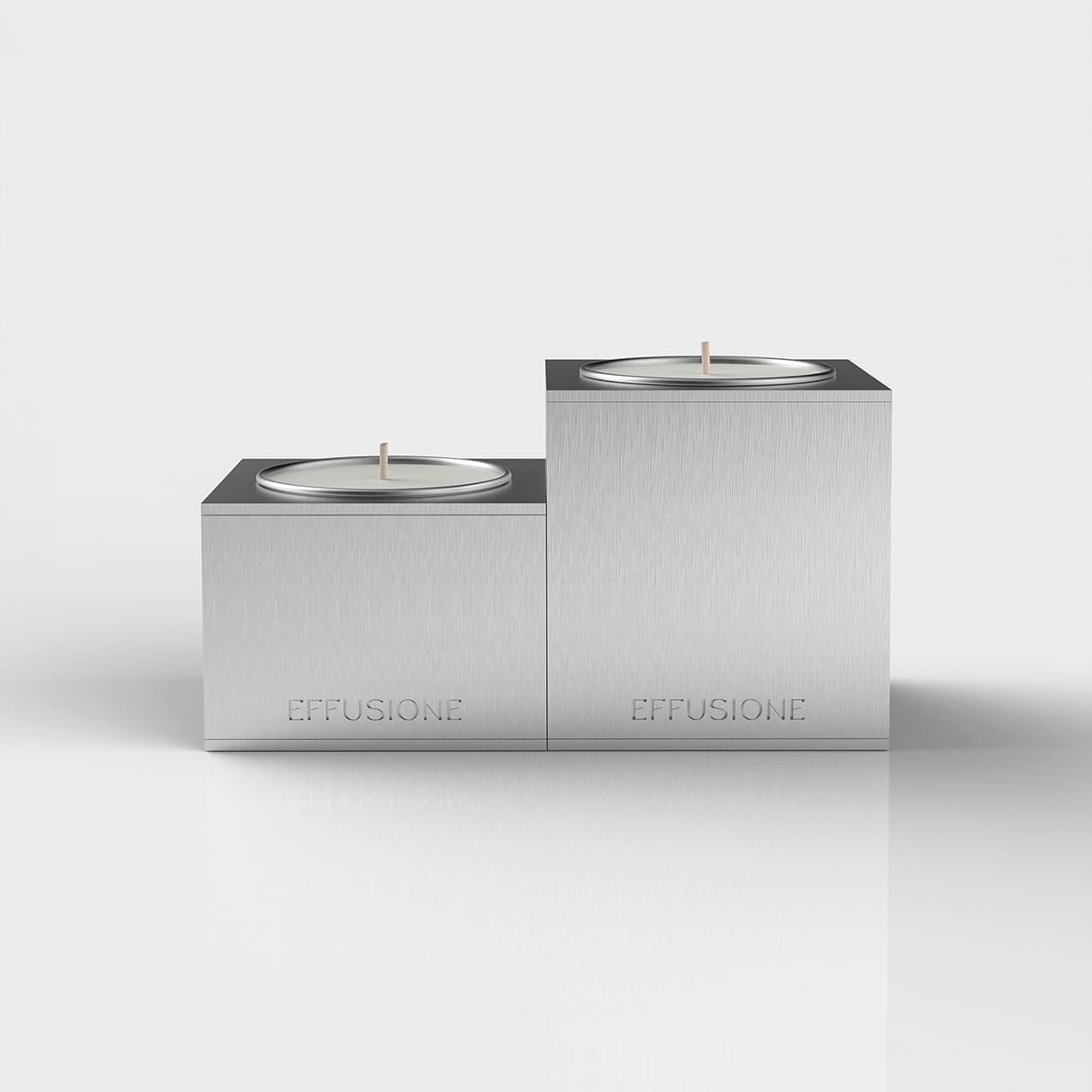 Aura Double, set di due candele piccole profumate Effusione in alluminio magnetiche di design, vista frontale