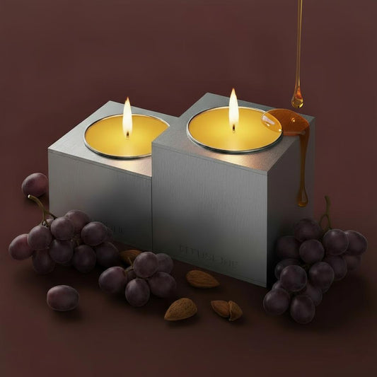 Candele magnetiche Aura Double Uva Rara in alluminio satinato, con uva e mandorle a richiamare la fragranza fruttata e legnosa.