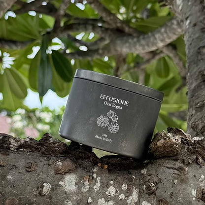 Candela profumata Echo Effusione fragranza Oasi Zegna ispirata alla natura con contenitore in alluminio.