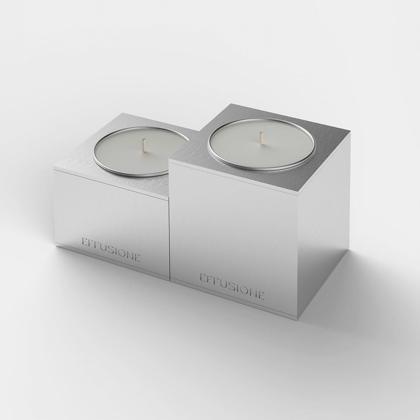 Aura Double, set di due candele piccole profumate Effusione in alluminio magnetiche di design, vista prospettica