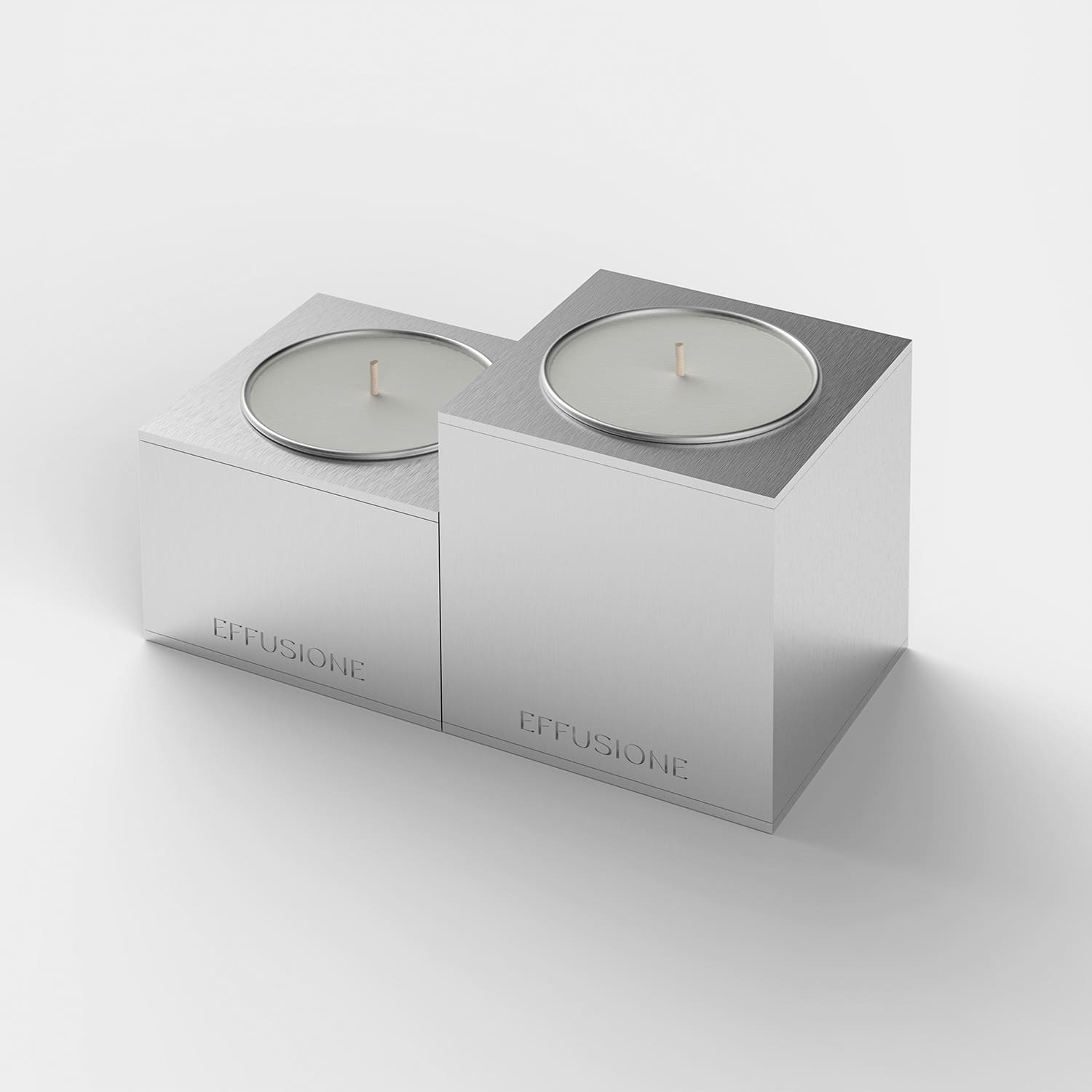 Aura Double, set di due candele piccole profumate Effusione in alluminio magnetiche di design, vista prospettica