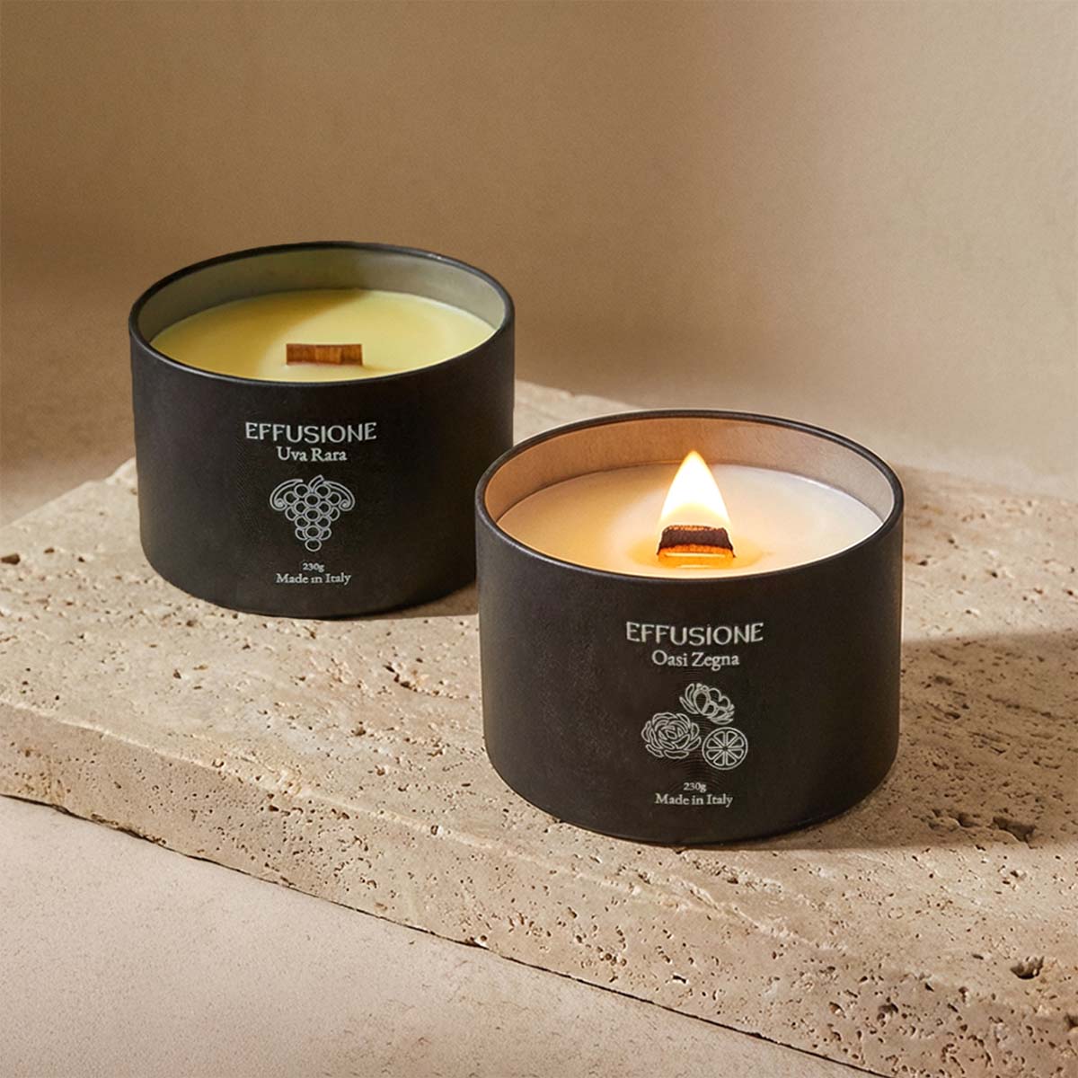 Candele profumate Effusione Echo fragranze Uva Rara e Oasi Zegna