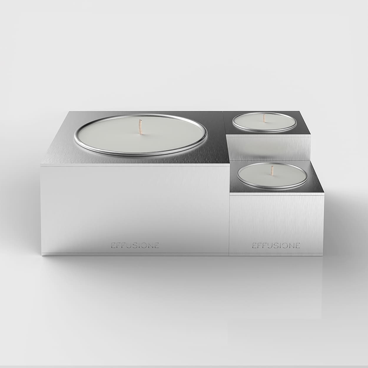 Collezione Aura Effusione, set di candele magnetiche componibili in alluminio di design con ricariche, vista frontale prospettica