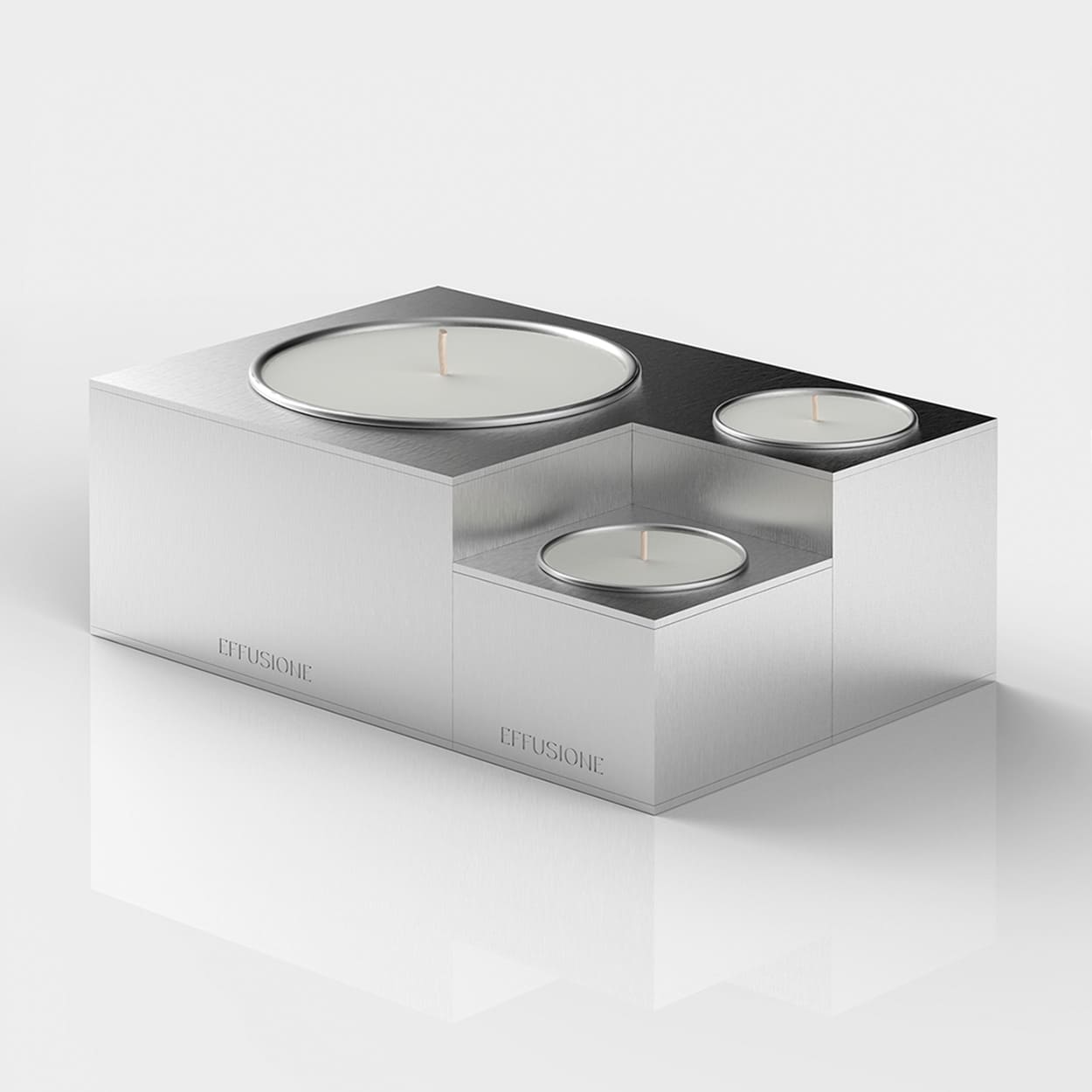 Collezione Aura Effusione, set di candele magnetiche componibili in alluminio di design con ricariche, vista prospettica