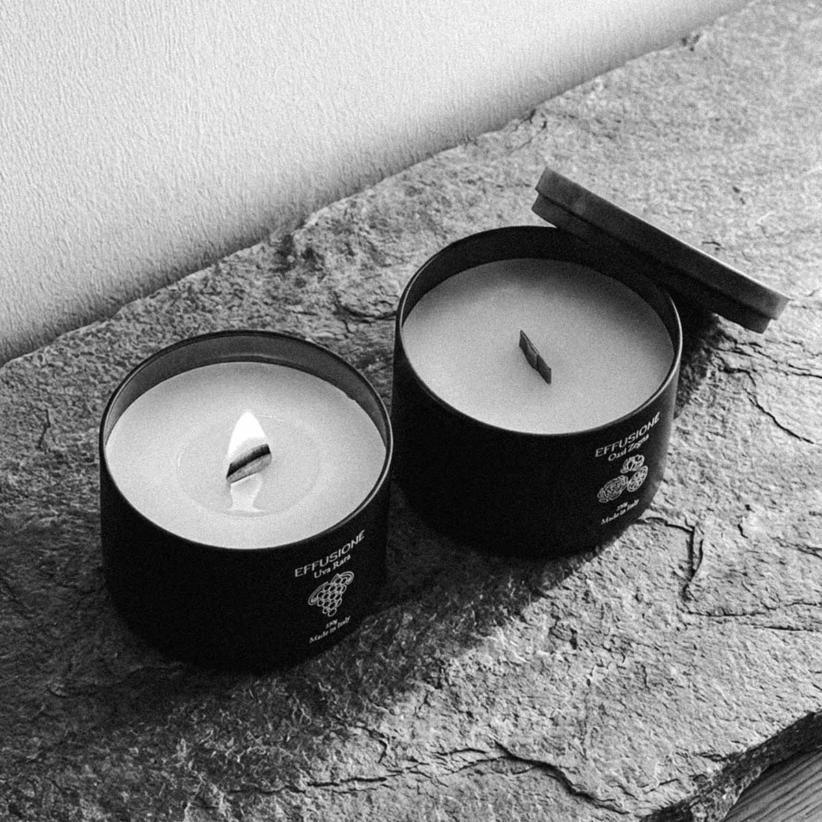 Candele profumate Effusione Echo Uva Rara e Oasi Zegna in ambientazione minimal