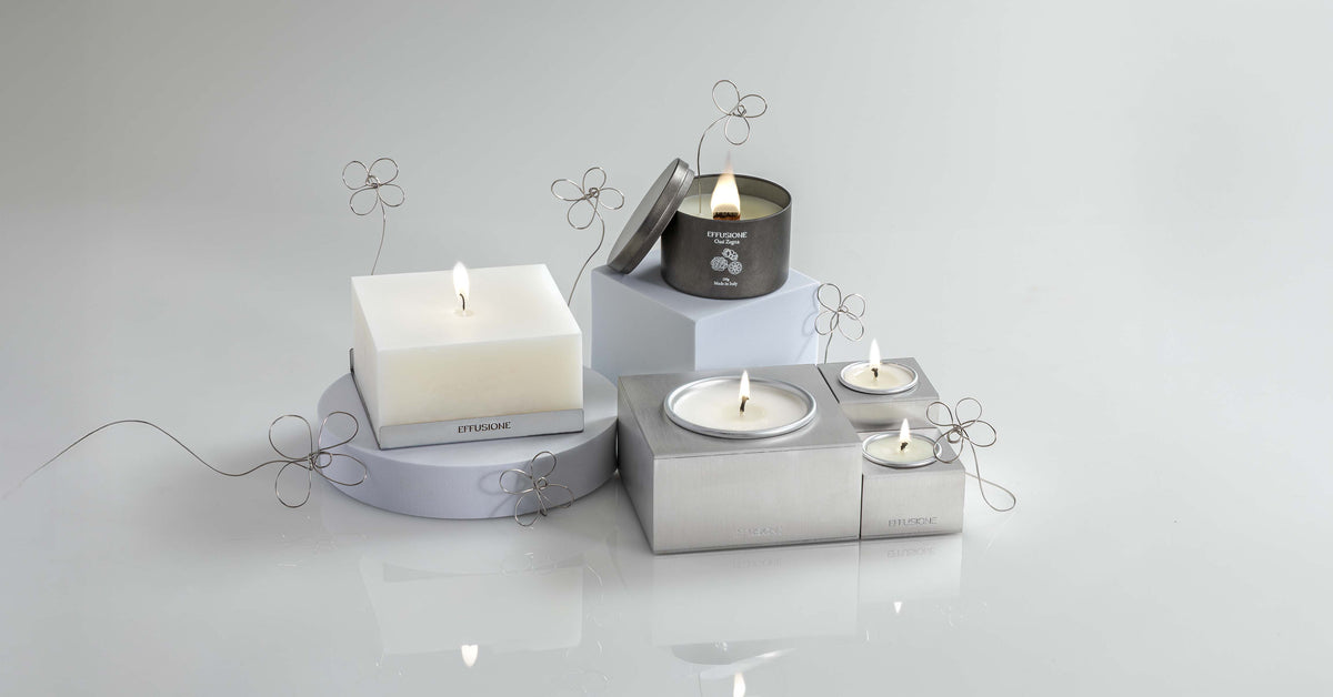 Collezione di candele Effusione: Echo, Aura ed Eterna, con design minimalista, finiture eleganti.
