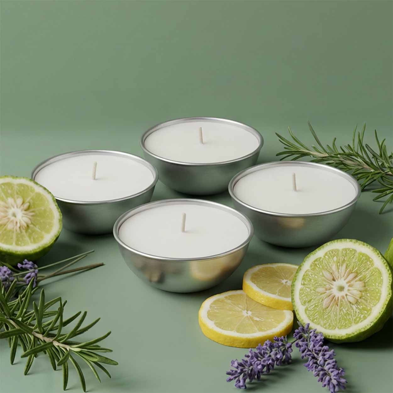 Set da 4 ricariche candela Aura Effusione formato L fragranza Baraggia in alluminio con note agrumate e legnose.