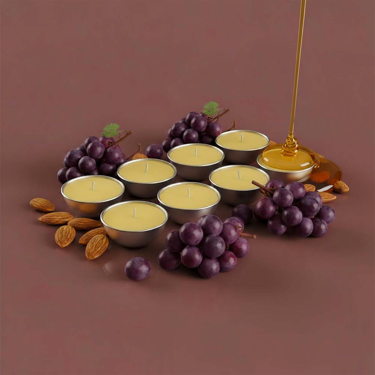 Set da 8 ricariche candela Aura Effusione formato S fragranza Uva Rara in alluminio con note fruttate e legnose.