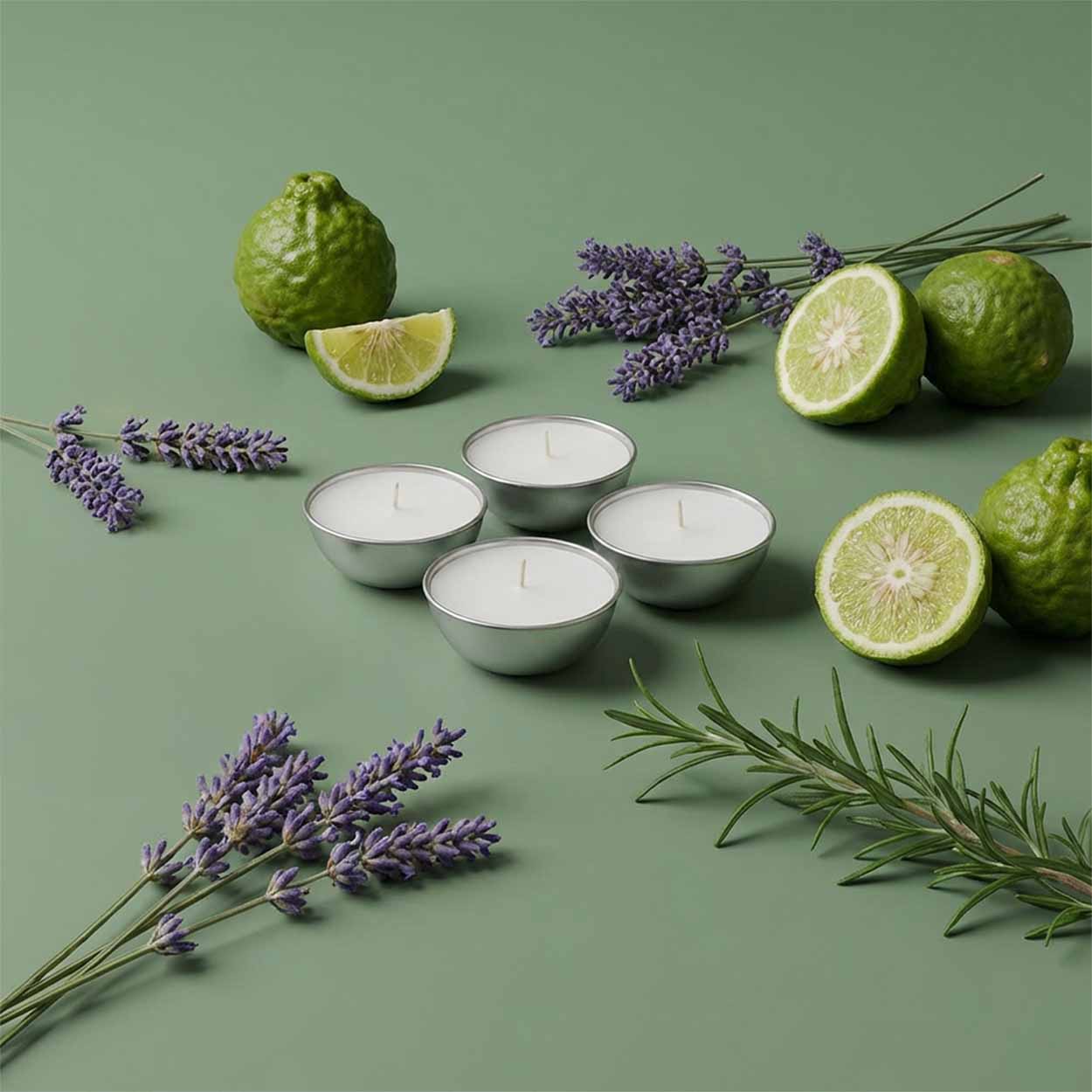 Set da 4 ricariche candela Aura Effusione formato S fragranza Via Italia con note agrumate e legnose.