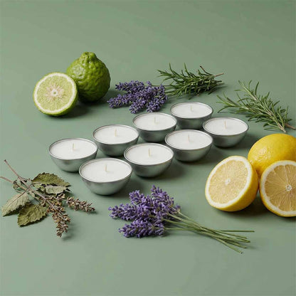 Set da 8 ricariche candela Aura Effusione formato S fragranza Baraggia in alluminio con note agrumate e legnose.